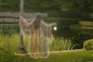 A ghost is standing next to a lamp post in a park.