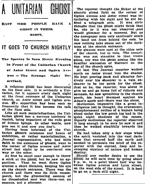A newspaper article about a unitarian ghost that goes to church nightly