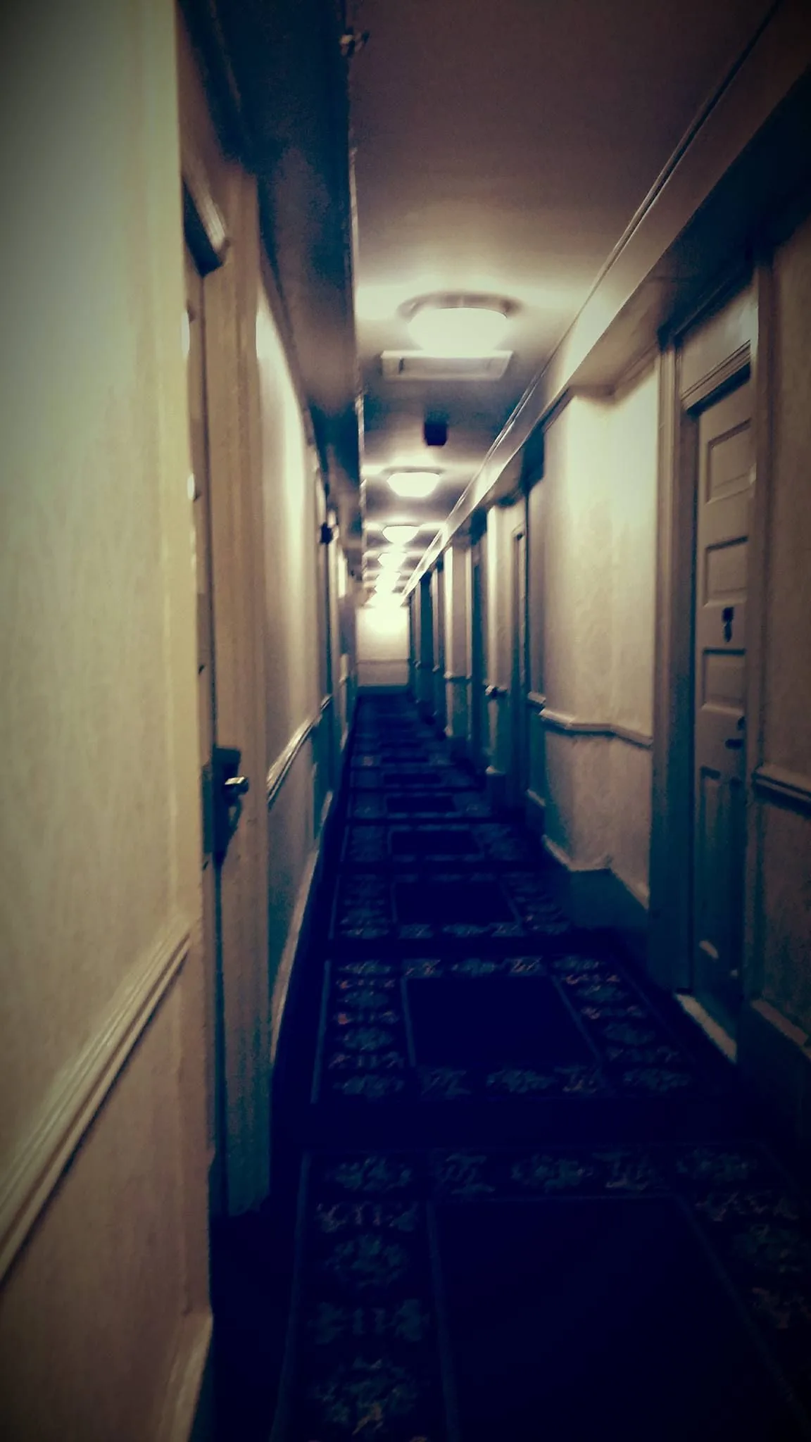 A long hallway with a dark carpet and a few doors