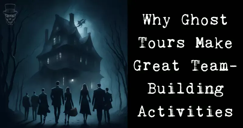 A group of people standing in front of a haunted house