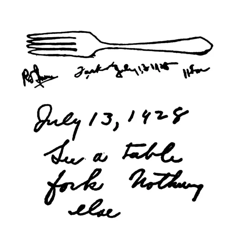 A black and white drawing of a fork and the date july 13 1428