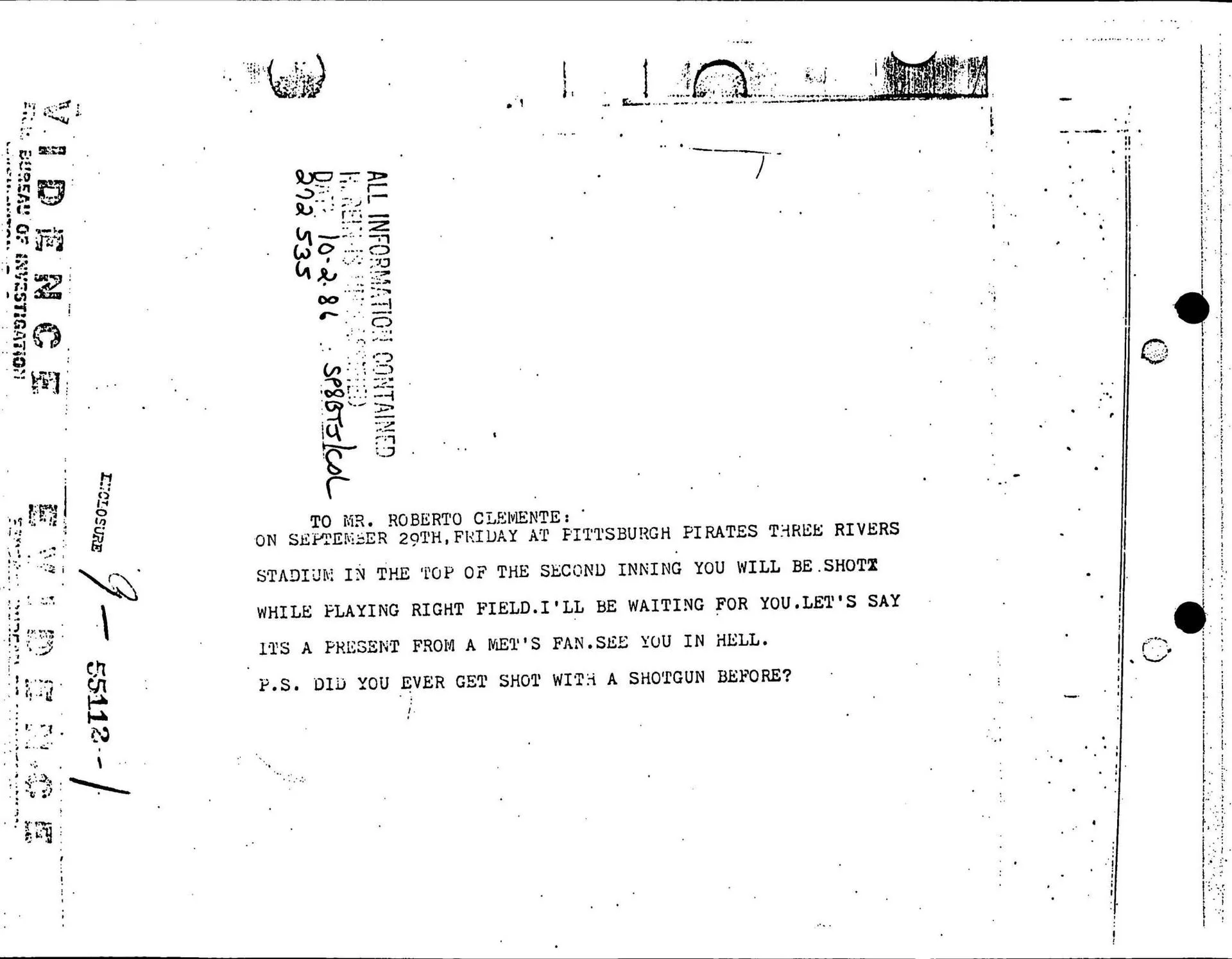 The typed assassination threat letter sent to the Pirates office for Roberto Clemente just three months before his death 