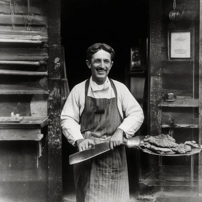 A black and white photo of a butcher with the words the butcher of palos park below him