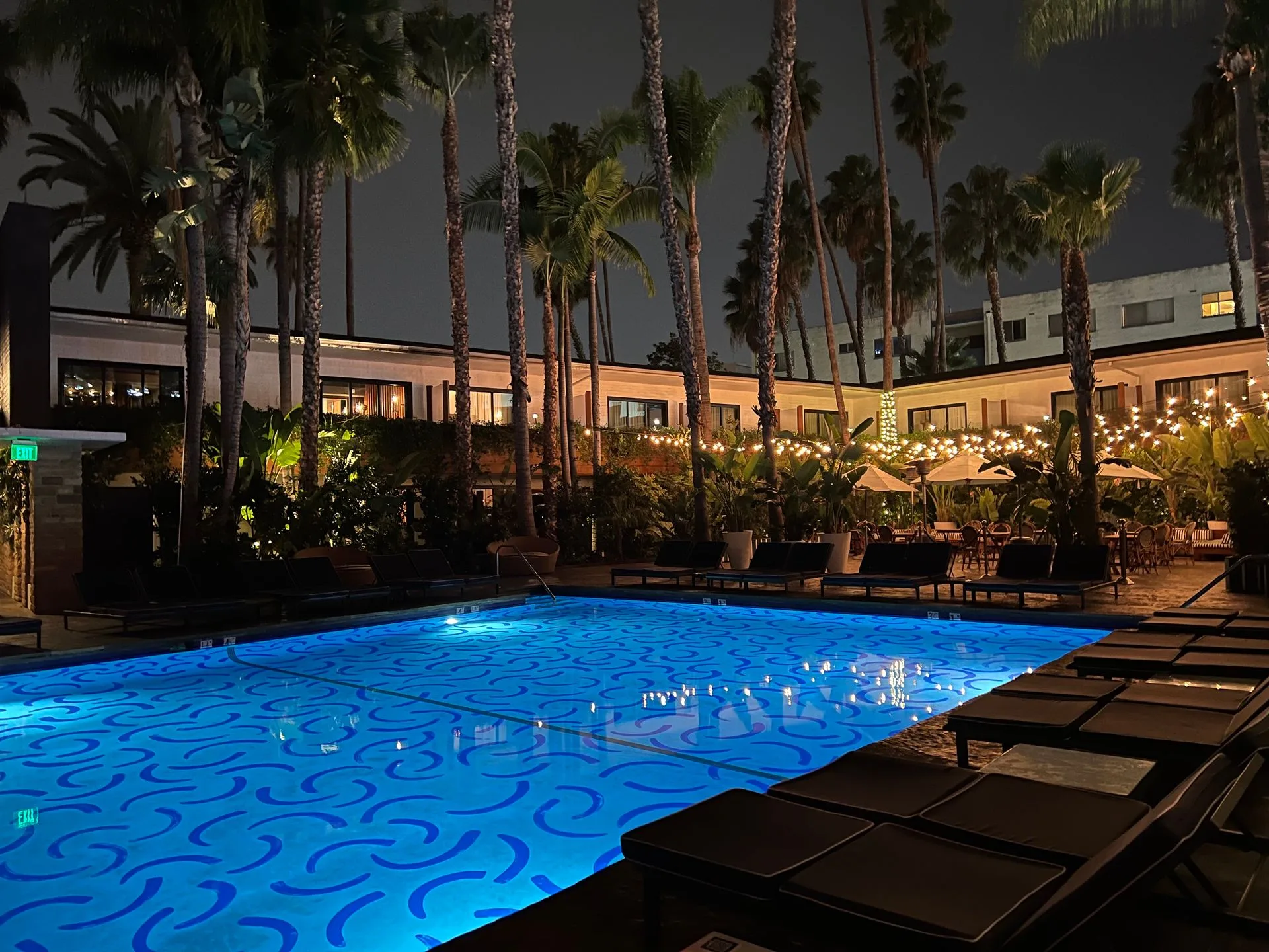 outdoor pool with palm trees in front of hotel