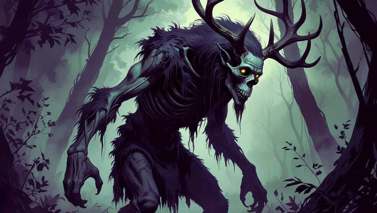 A rendition of the Wendigo in an ancient forest