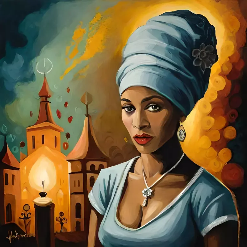 A painting of a woman wearing a turban and a necklace