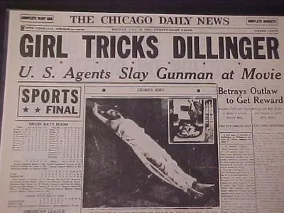 Chicago Daily News headline of John Dillinger's death