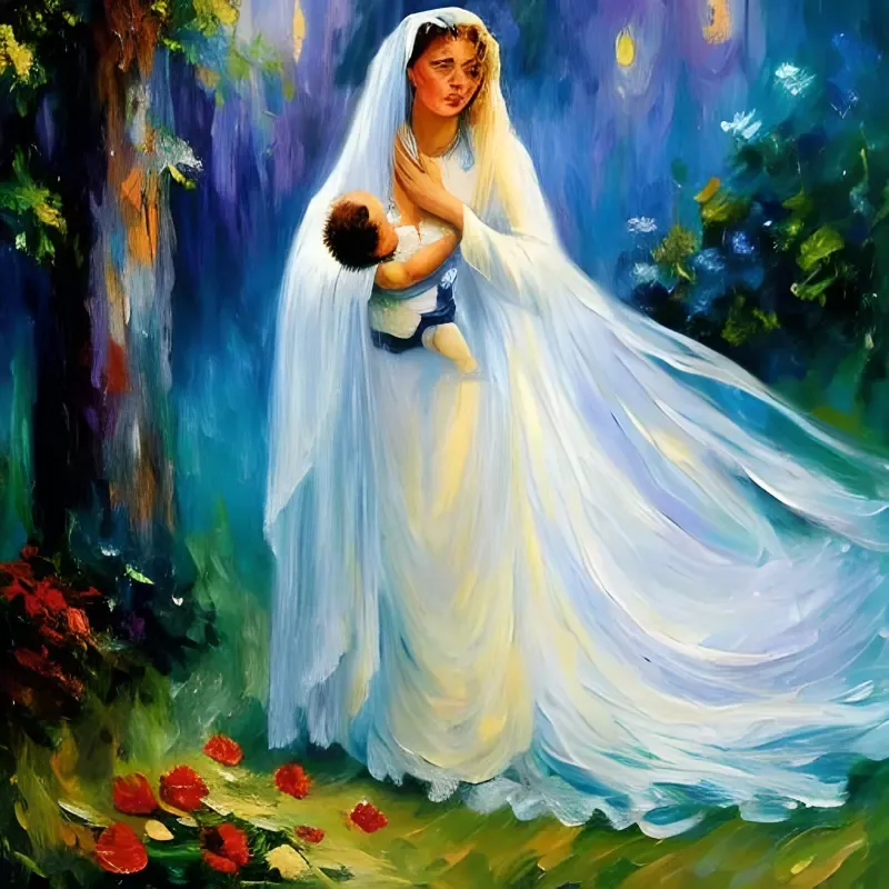 A painting of a woman in a white dress holding a baby