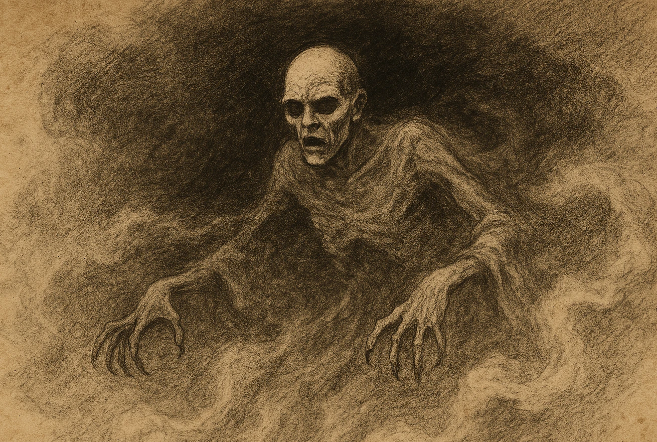 A black and white drawing of a ghost in the fog.