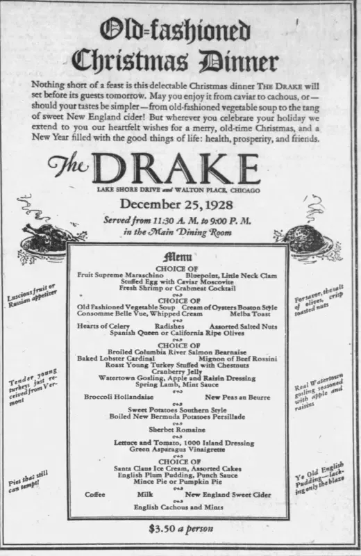A menu for an old fashioned christmas dinner at the drake