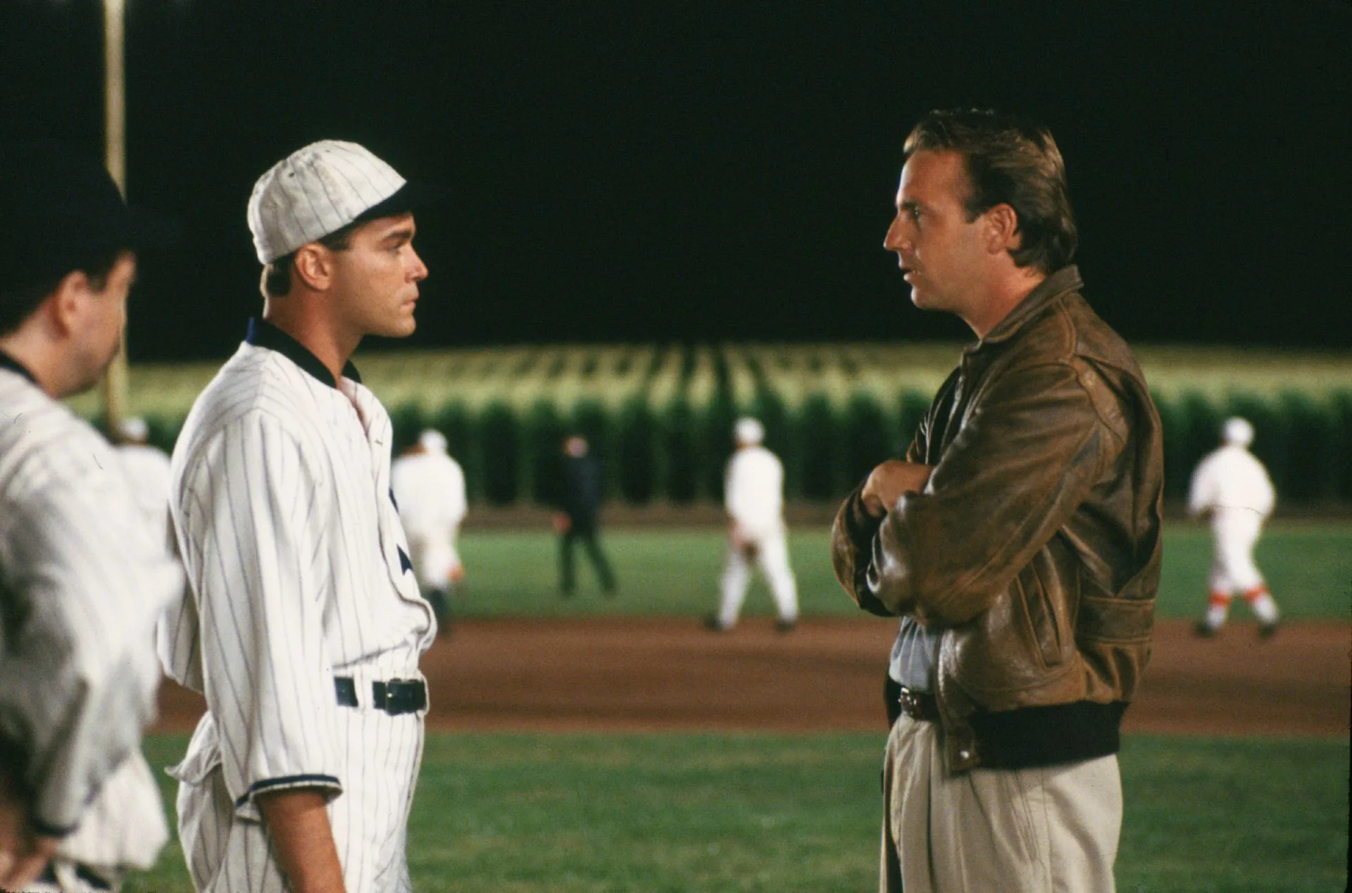 Kevin Costner and Ray Liotts in a publicity still from Field of Dreams