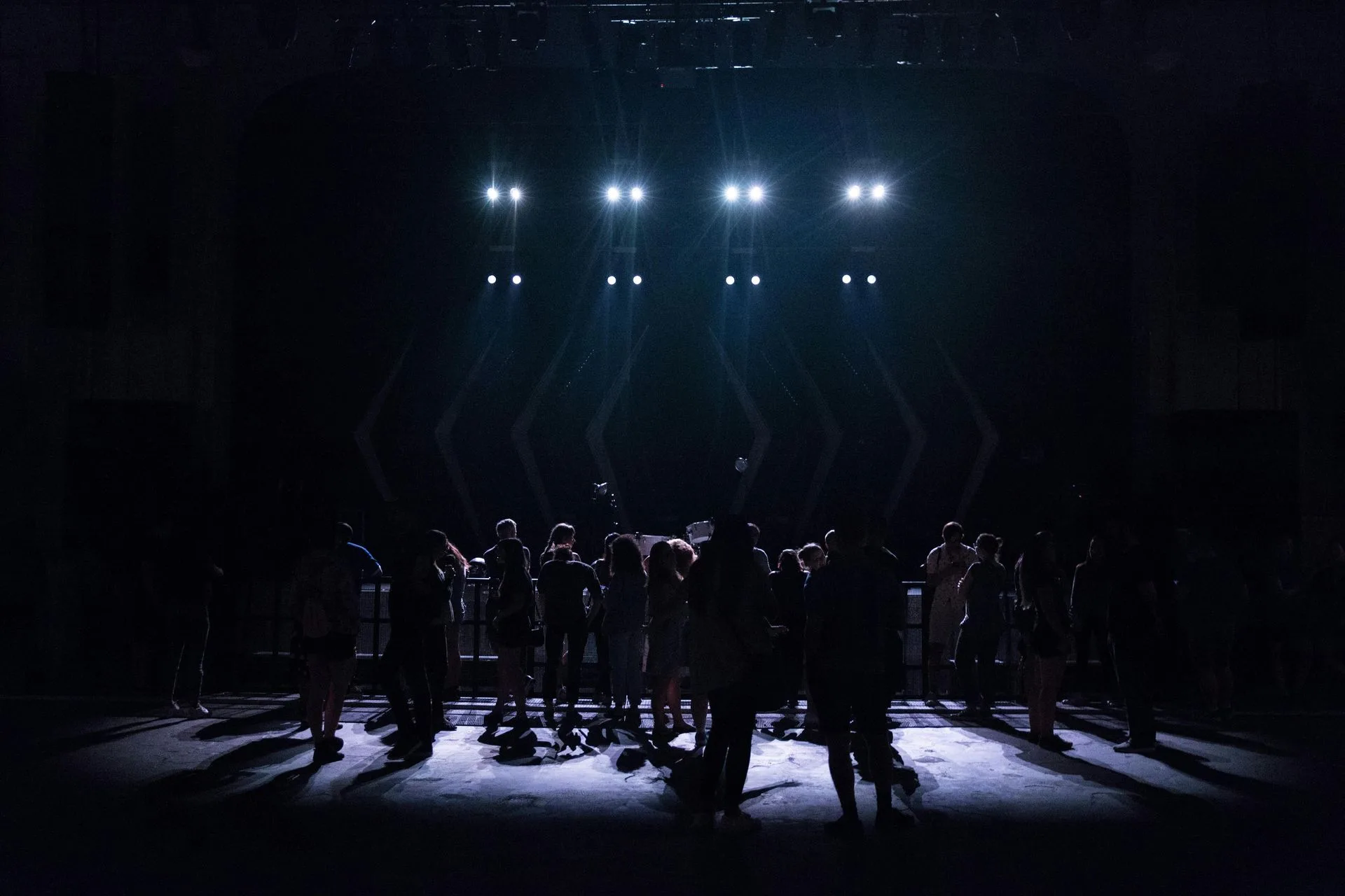 Silhouetted group of people standing on a stage, lit by spotlights above.