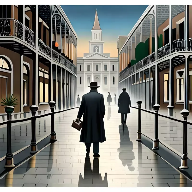 An illustration of a man walking down a sidewalk in front of a church