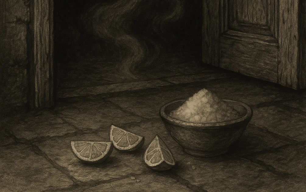 A black and white drawing of a bowl of salt next to sliced lemons